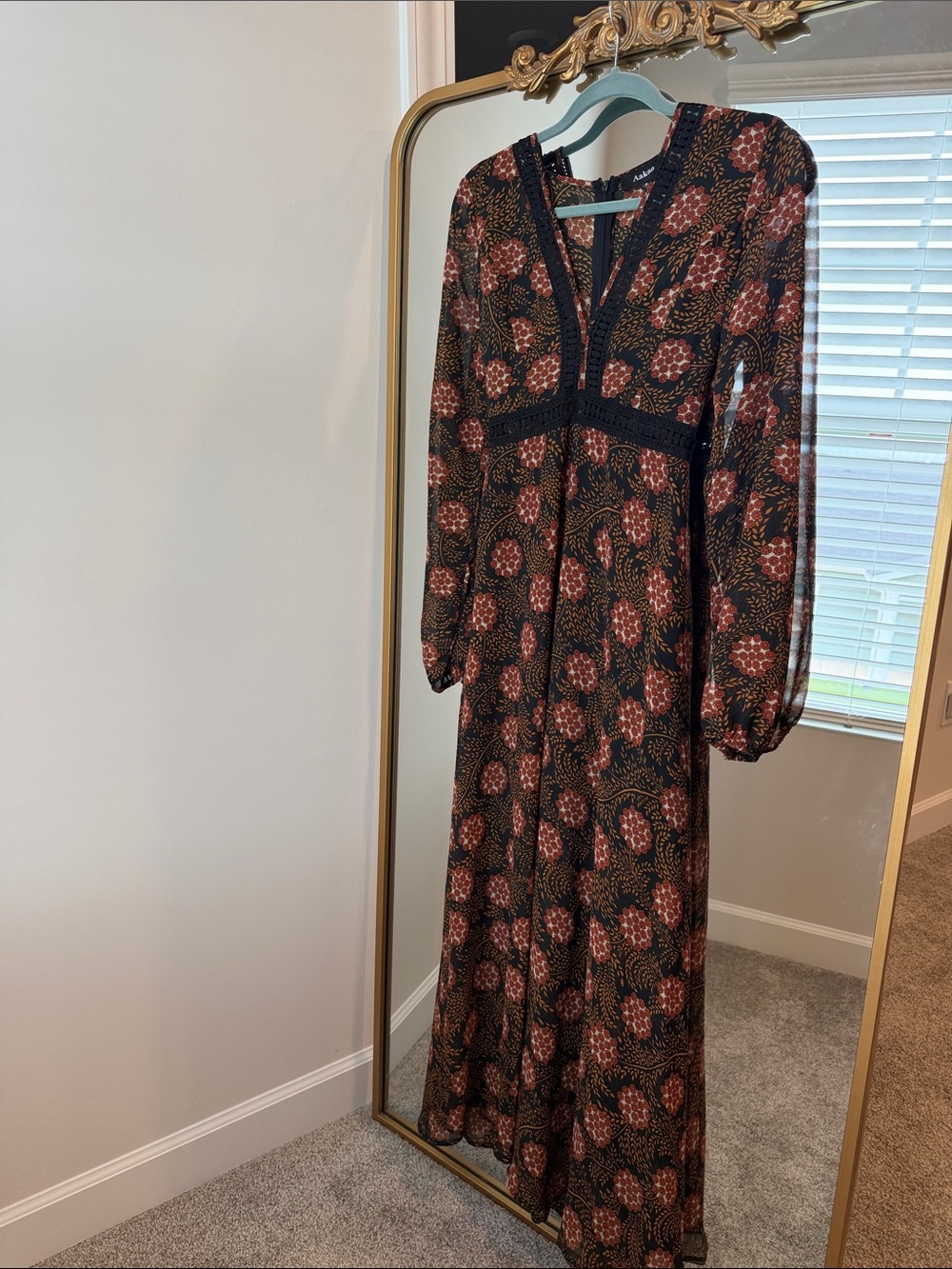 Aakaa Black Maxi Dress with Burgundy Floral Print and Lace Detailing